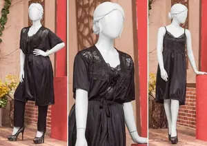 Women's Luxury Silk Satin Nightwear Set | 3 Piece Robe & Sleepwear with Lace Trim | Free Size