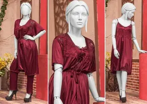 Women's Luxury Silk Satin Nightwear Set | 3 Piece Robe & Sleepwear with Lace Trim | Free Size