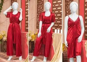 Women's Premium Silk Nightwear Set | 3 Piece Satin Camisole, Shorts & Robe with Lace | Free Size