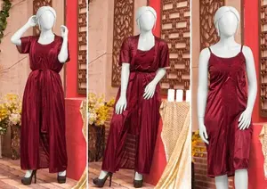 Women's Premium Silk Nightwear Set | 3 Piece Satin Camisole, Shorts & Robe with Lace | Free Size