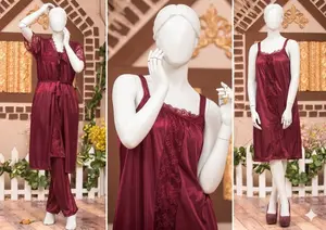 Women's Premium Silk Satin Nightwear Set | 3 Piece Camisole, Shorts & Robe with Lace Trim | Free Size