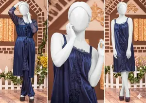 Women's Premium Silk Satin Nightwear Set | 3 Piece Camisole, Shorts & Robe with Lace Trim | Free Size