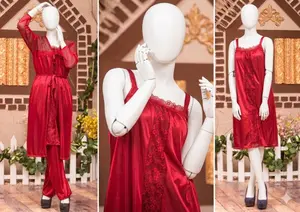 Women's Premium Silk Satin Nightwear Set | 3 Piece Camisole, Shorts & Robe with Lace Trim | Free Size