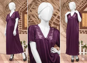 Women's Premium Long Silk Satin Nightgown | Elegant Lace Sleepwear | Free Size