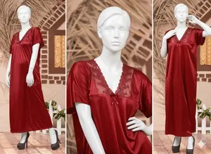 Women's Premium Long Silk Satin Nightgown | Elegant Lace Sleepwear | Free Size