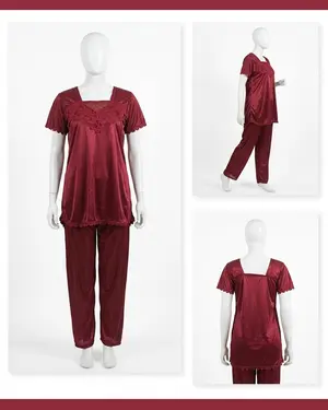 Women's Premium Silk Satin Nightwear Set | 2 Piece T-Shirt & Trouser Sleepwear | Free Size
