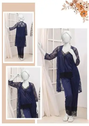 Women's Premium Silk Satin Nightwear Set | 3 Piece Top, Trouser & Net Lace Gown | Free Size
