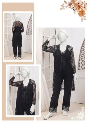 Women's Premium Silk Satin Nightwear Set | 3 Piece Top, Trouser & Net Lace Gown | Free Size