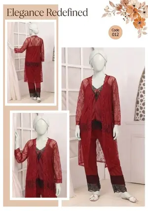 Women's Premium Silk Satin Nightwear Set | 3 Piece Top, Trouser & Net Lace Gown | Free Size
