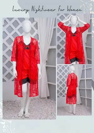 Women's Premium Silk Satin Nightwear Set | 3 Piece Top, Shorts & Net Lace Gown | Free Size