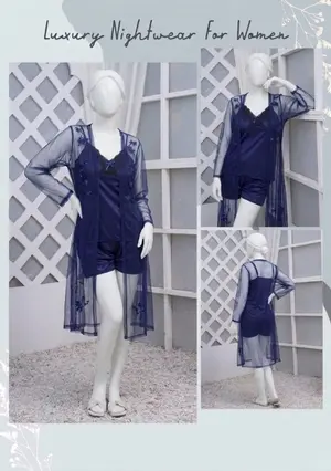 Women's Premium Silk Satin Nightwear Set | 3 Piece Top, Shorts & Net Lace Gown | Free Size