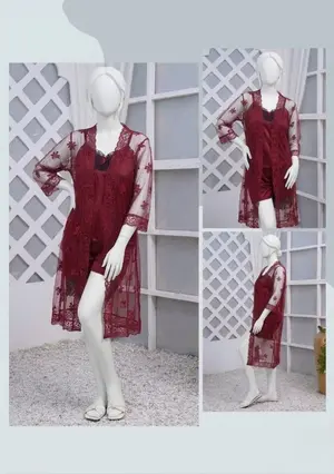 Women's Premium Silk Satin Nightwear Set | 3 Piece Top, Shorts & Net Lace Gown | Free Size