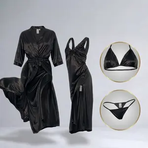Women's Premium Burgundy Silk Satin Lingerie & Nightwear Set | 4 Piece Luxury Sleepwear | Free Size