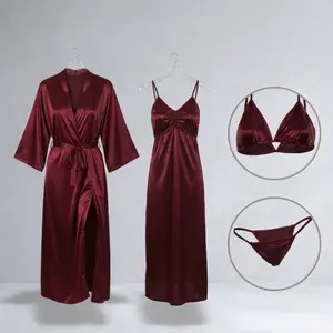 Women's Premium Burgundy Silk Satin Lingerie & Nightwear Set | 4 Piece Luxury Sleepwear | Free Size