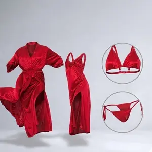 Women's Premium Burgundy Silk Satin Lingerie & Nightwear Set | 4 Piece Luxury Sleepwear | Free Size