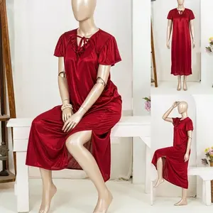 Women's Premium Silk Satin Maxi Night Dress | Elegant Bow Tie Short Sleeve Nighty | Free Size