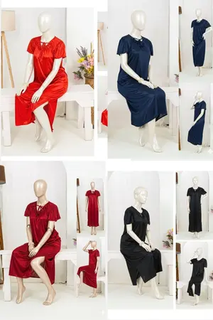 Women's Premium Silk Satin Maxi Night Dress | Elegant Bow Tie Short Sleeve Nighty | Free Size