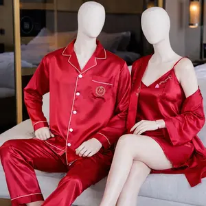 Couple Premium Silk Satin Nightwear Set | 4 Piece Pajama, Nightdress & Robe Sleepwear | Free Size