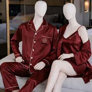 Couple Premium Silk Satin Nightwear Set | 4 Piece Pajama, Nightdress & Robe Sleepwear | Free Size