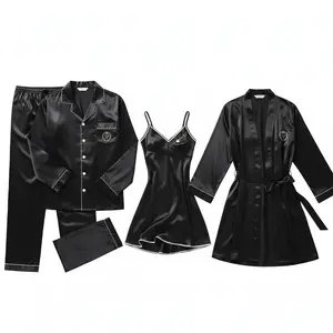 Couple Premium Silk Satin Nightwear Set | 4 Piece Pajama, Nightdress & Robe Sleepwear | Free Size