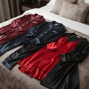 Couple Premium Silk Satin Nightwear Set | 4 Piece Pajama, Nightdress & Robe Sleepwear | Free Size