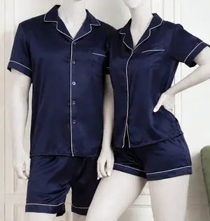 Couple Premium Silk Satin Nightwear Set | 4 Piece Short Sleeve Shirt & Shorts Sleepwear | Free Size