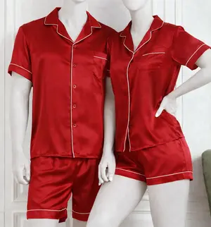Couple Premium Silk Satin Nightwear Set | 4 Piece Short Sleeve Shirt & Shorts Sleepwear | Free Size