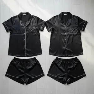 Couple Premium Silk Satin Nightwear Set | 4 Piece Short Sleeve Shirt & Shorts Sleepwear | Free Size