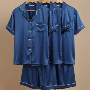 Couple Premium Silk Satin Nightwear Set | 4 Piece Short Sleeve Shirt & Shorts Sleepwear | Free Size