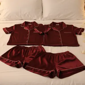 Couple Premium Silk Satin Nightwear Set | 4 Piece Short Sleeve Shirt & Shorts Sleepwear | Free Size