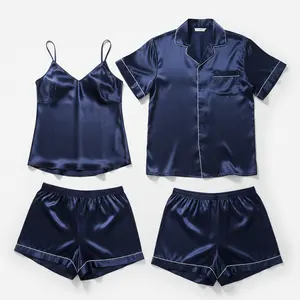 Couple Premium Silk Satin Nightwear Set | 4 Piece Camisole, Shirt & Shorts Sleepwear | Free Size
