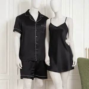 Couple Premium Silk Satin Nightwear Set | 3 Piece Shirt, Shorts & Slip Dress Sleepwear | Free Size