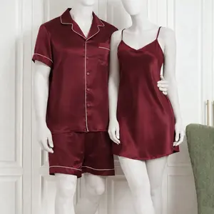 Couple Premium Silk Satin Nightwear Set | 3 Piece Shirt, Shorts & Slip Dress Sleepwear | Free Size