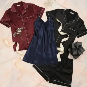 Couple Premium Silk Satin Nightwear Set | 3 Piece Shirt, Shorts & Slip Dress Sleepwear | Free Size