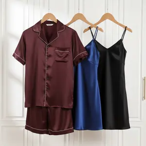 Couple Premium Silk Satin Nightwear Set | 3 Piece Shirt, Shorts & Slip Dress Sleepwear | Free Size