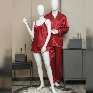 Couple Premium Silk Satin Nightwear Set | 4 Piece Shirt, Pajama & Shorts Matching Sleepwear | Free Size