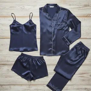 Couple Premium Silk Satin Nightwear Set | 4 Piece Shirt, Pajama & Shorts Matching Sleepwear | Free Size