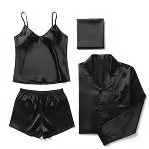 Couple Premium Silk Satin Nightwear Set | 4 Piece Shirt, Pajama & Shorts Matching Sleepwear | Free Size