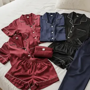 Couple Premium Silk Satin Night Suit Set | 4 Piece Matching Long Sleeve & Short Sleeve Sleepwear | Free Size