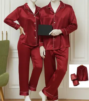 Couple Premium Silk Satin Pajama Set | 4 Piece Long Sleeve Night Suit with Full-Length Pants | Free Size