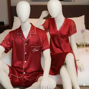 Couple Premium Silk Satin Night Suit Set | 3 Piece Matching Nightdress & Pajama Shorts Sleepwear for Men & Women | Free Size