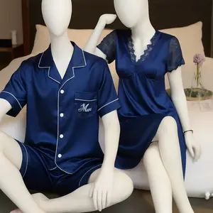 Couple Premium Silk Satin Night Suit Set | 3 Piece Matching Nightdress & Pajama Shorts Sleepwear for Men & Women | Free Size