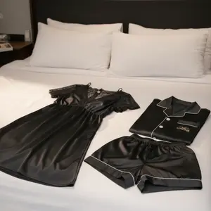 Couple Premium Silk Satin Night Suit Set | 3 Piece Matching Nightdress & Pajama Shorts Sleepwear for Men & Women | Free Size