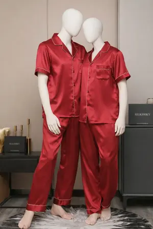 Couple Premium Silk Satin Pajama Set | 4 Piece Matching Short Sleeve Top & Long Pants Sleepwear for Men & Women | Free Size