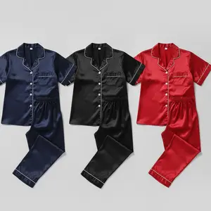 Couple Premium Silk Satin Pajama Set | 4 Piece Matching Short Sleeve Top & Long Pants Sleepwear for Men & Women | Free Size