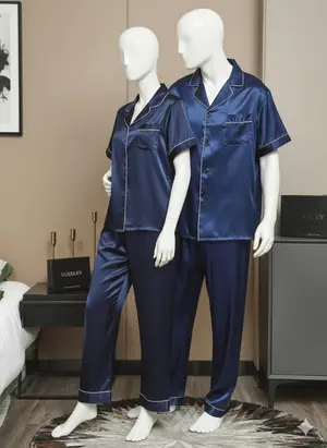 Couple Premium Silk Satin Pajama Set | 4 Piece Matching Short Sleeve Top & Long Pants Sleepwear for Men & Women | Free Size