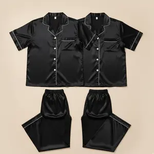 Couple Premium Silk Satin Pajama Set | 4 Piece Matching Short Sleeve Top & Long Pants Sleepwear for Men & Women | Free Size