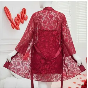 2 Pcs Soft Lace Robe & Silk Inner Nightwear Set for Women | Transparent Net Gown Sleepwear | Free Size (Fits Up to 38" Chest)