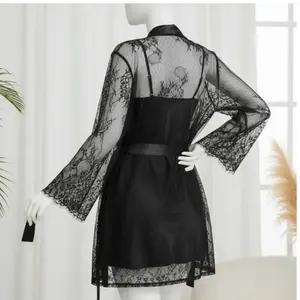 2 Pcs Soft Lace Robe & Silk Inner Nightwear Set for Women | Transparent Net Gown Sleepwear | Free Size (Fits Up to 38" Chest)
