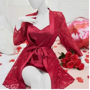 2 Pcs Soft Lace Robe & Silk Inner Nightwear Set for Women | Transparent Net Gown Sleepwear | Free Size (Fits Up to 38" Chest)